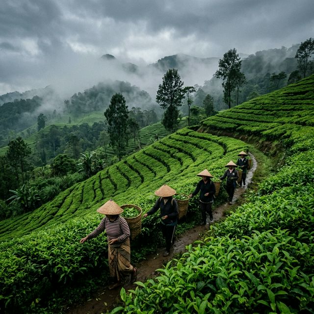 Tea Workers in Misty Plantation